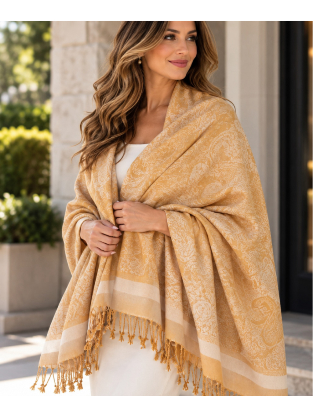Pashmina 70% Pashmina 30% Silk Paisley Wrap Scarf Mustard & Cream